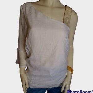 Thalia Sodi* Gauze* One Shoulder * Tie Hem Top* White/Gold* Sz L